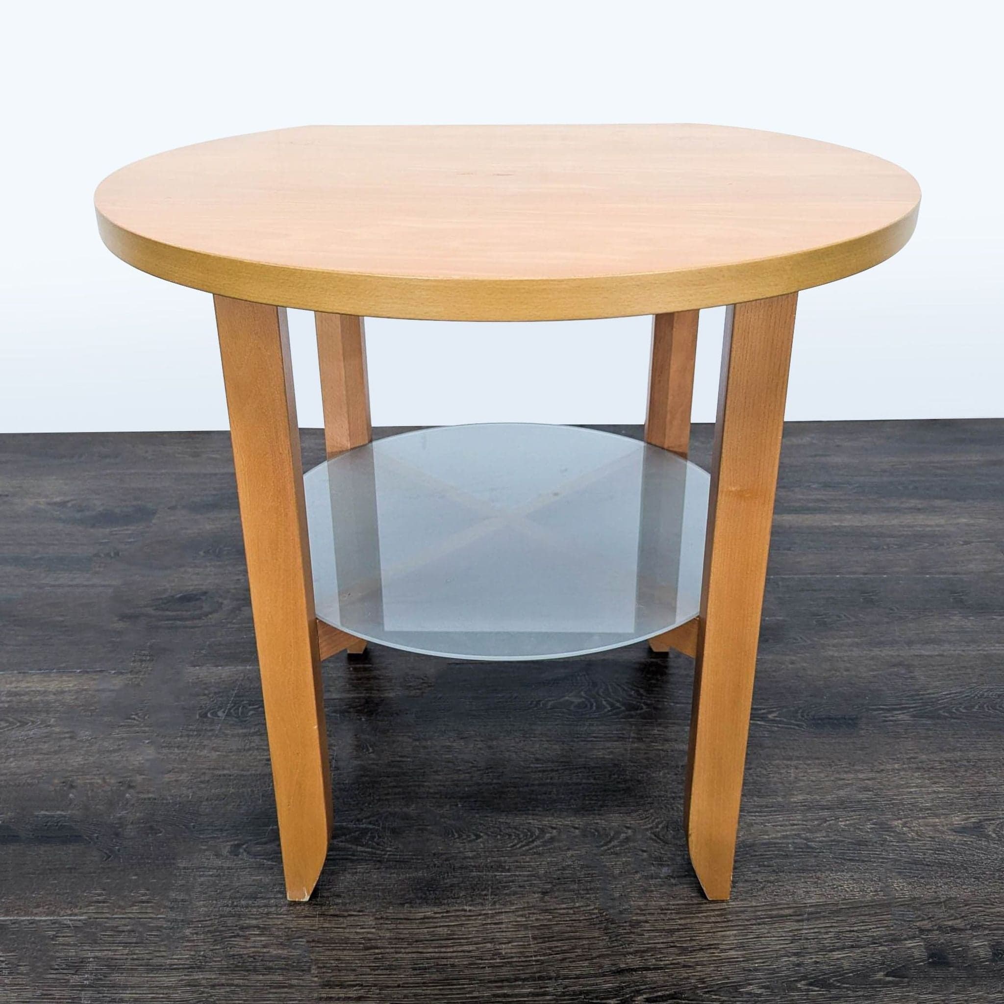 Round Wood End Table with Flat Back and Glass Shelf - Image 1