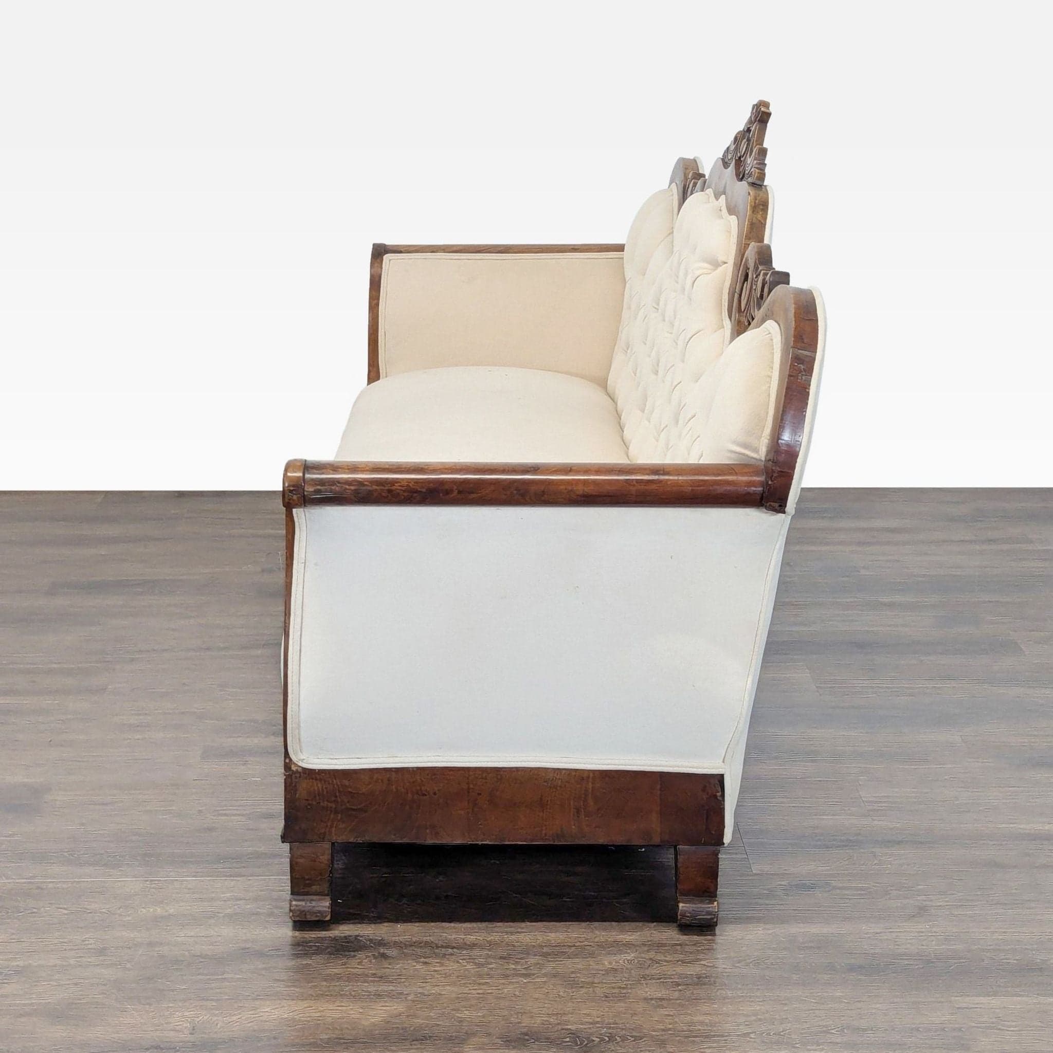Antique 3-Seat Sofa with Carved Wood Frame and Cream Upholstery - Thumbnail 5