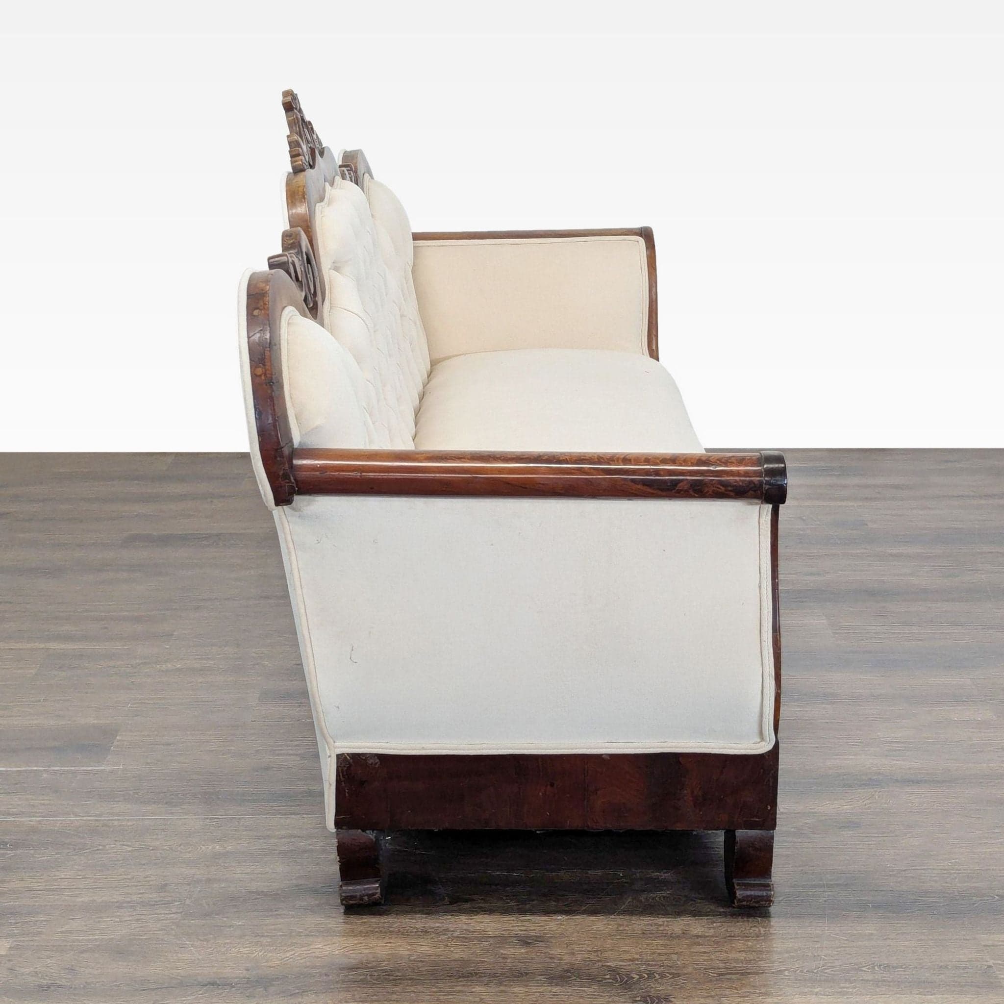 Antique 3-Seat Sofa with Carved Wood Frame and Cream Upholstery - Thumbnail 3