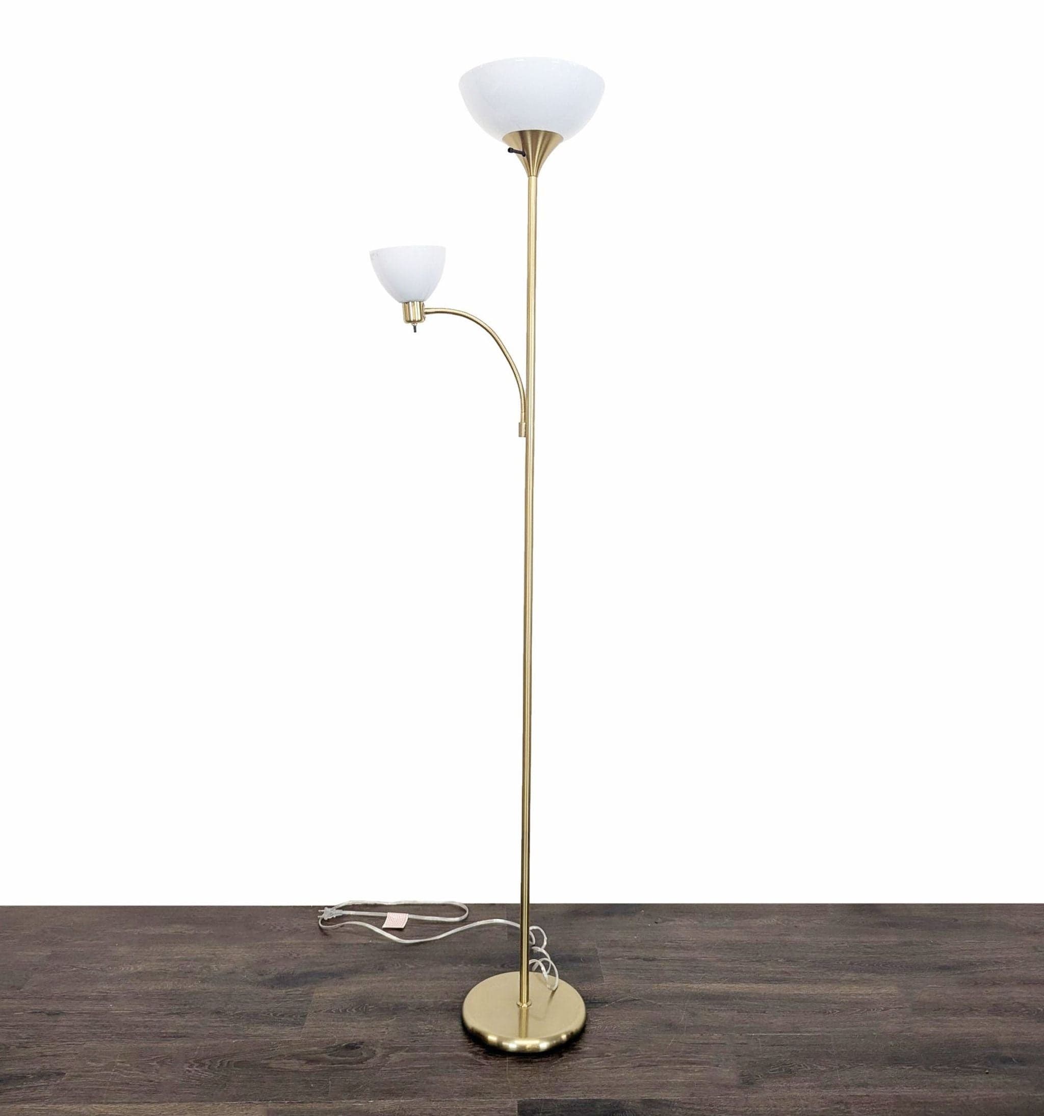 Brightech Skydome Brass Floor Lamp with Adjustable Reading Light and White Glass Shades - Image 1