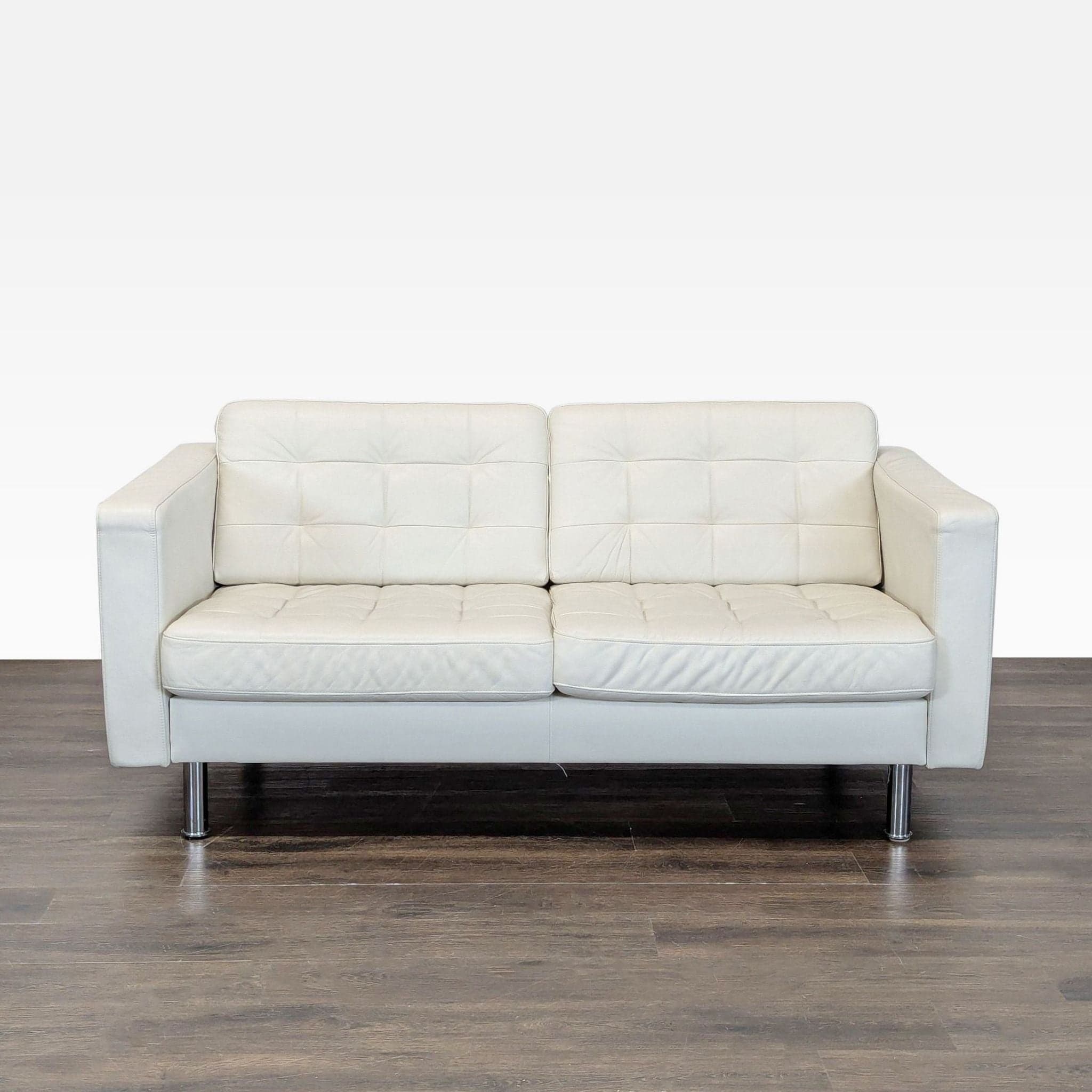 Ikea Morabo Modern White Leather Loveseat with Stainless Steel Legs - Image 1