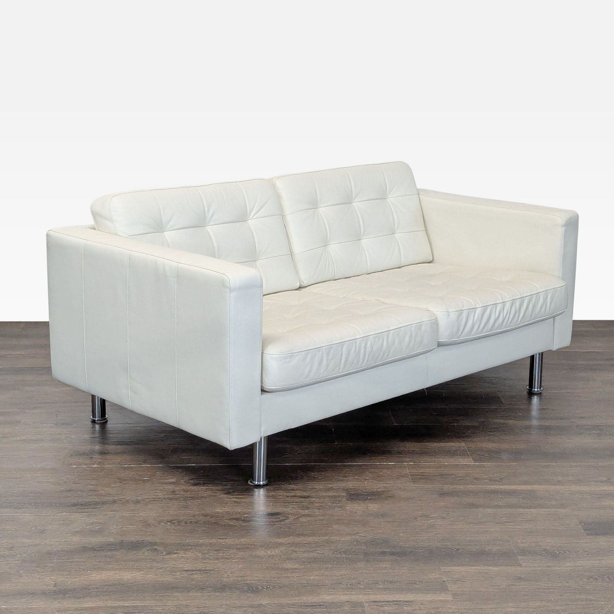 Ikea Morabo Modern White Leather Loveseat with Stainless Steel Legs - Thumbnail 2