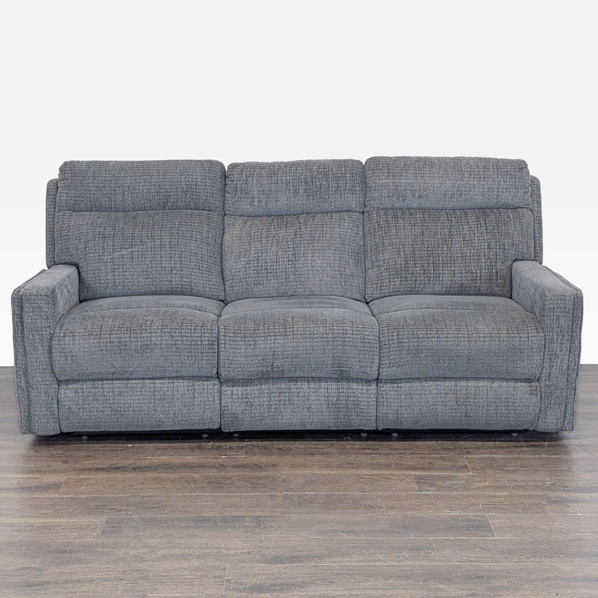 Living Spaces 3-Seat Reclining Sofa in Gray Fabric - Image 1