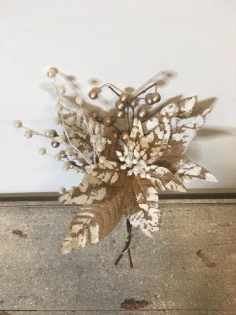 Frosted Burlap Poinsetta Stems with Gold and White Berries - Image 1