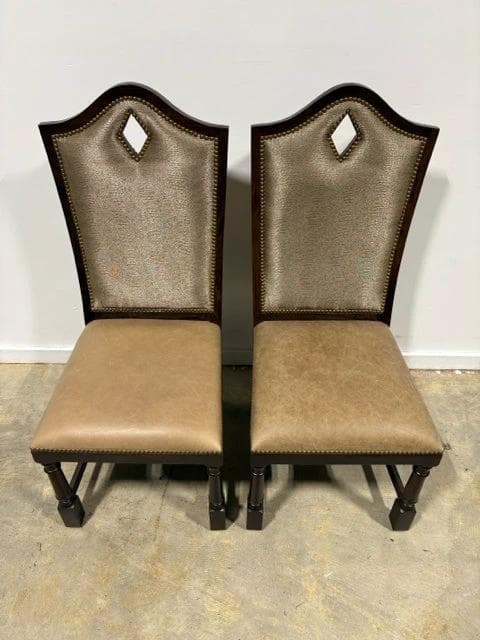 Set of 2 Gold Upholstered Leather Seat Dark Wood Dining Chairs - Thumbnail 2