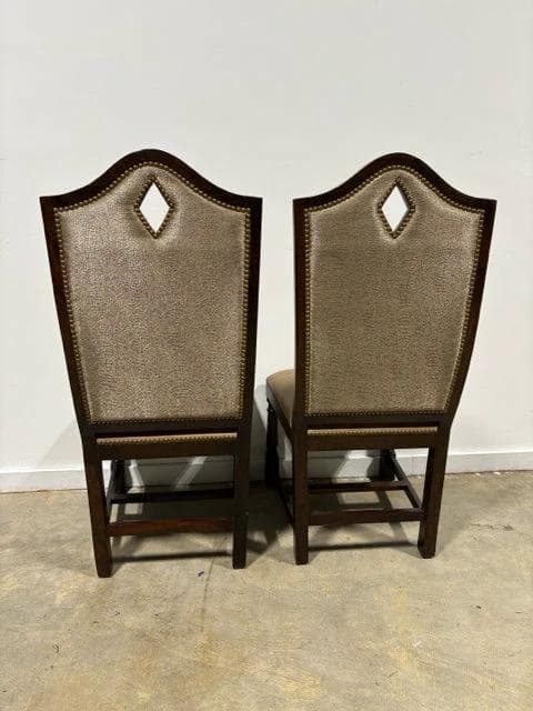 Set of 2 Gold Upholstered Leather Seat Dark Wood Dining Chairs - Thumbnail 4