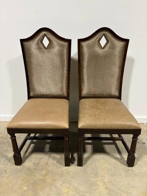 Set of 2 Gold Upholstered Leather Seat Dark Wood Dining Chairs - Image 1
