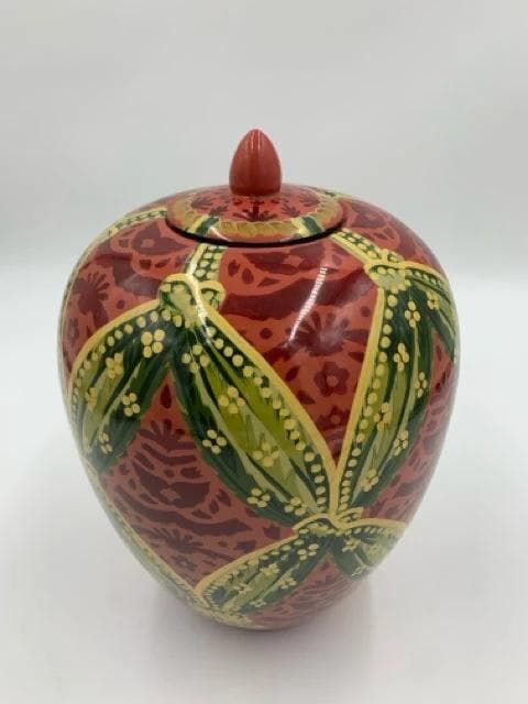 Red And Green Ceramic Jar With Lid - Image 1