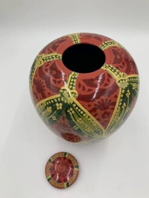 Red And Green Ceramic Jar With Lid - Thumbnail 2