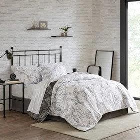 *NEW* Lilia Queen Reversible White/Charcoal Comforter Set with Cotton Bed Sheets - Image 1