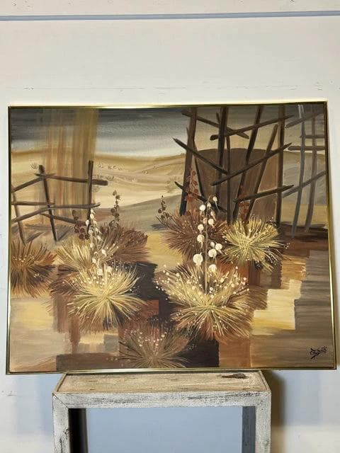 Desert Landscape Abstract Oil Painting in Gold Frame by C. Frederick - Image 1