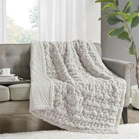 *NEW* Ruched Silver Grey Fur Throw - Image 1