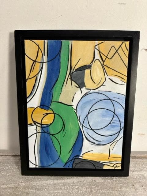 "Inner Circle" Green, Blue And Black Framed Painting In Black Frame - Image 1