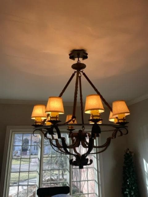Wrought Iron 8 Light Chandelier with Linen Lamp Shades - Image 1