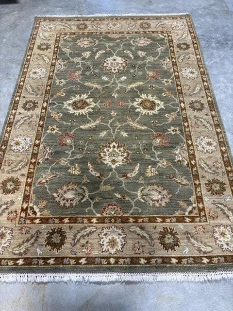 6 X 9 Green And Tan Floral Wool Rug - Image 1