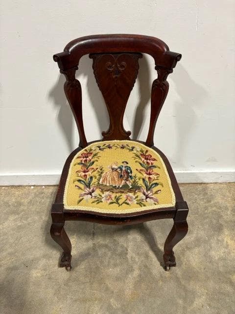 Wooden Chair With Victorian Needlepoint Design Seat - Image 1