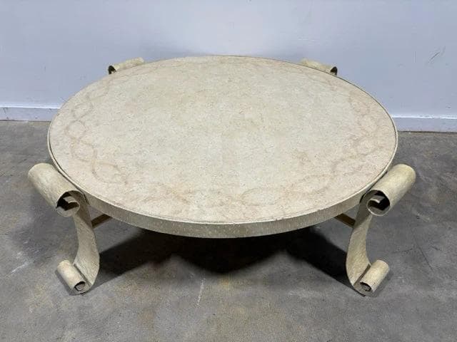 Round Ivory Coffee Table With Metal Scroll Legs - Image 1