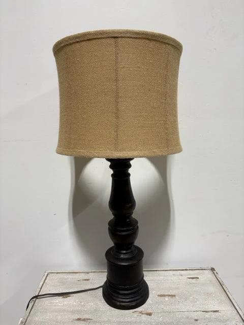 Distressed Black Base Table Lamp with Burlap Shade - Image 1