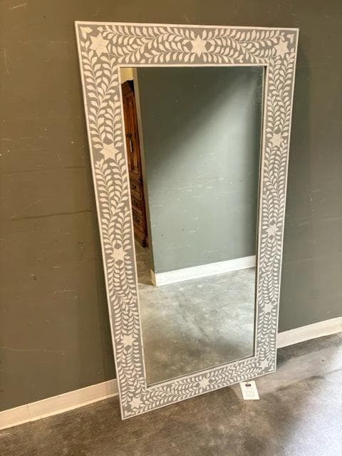 Oversized Dark Grey Wood Frame Art Deco Floor Mirror With Faux Bone Inlay - Image 1