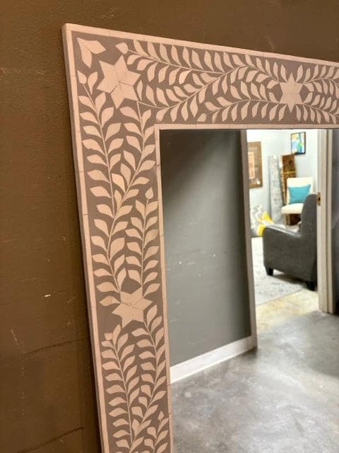 Oversized Dark Grey Wood Frame Art Deco Floor Mirror With Faux Bone Inlay - Thumbnail 2