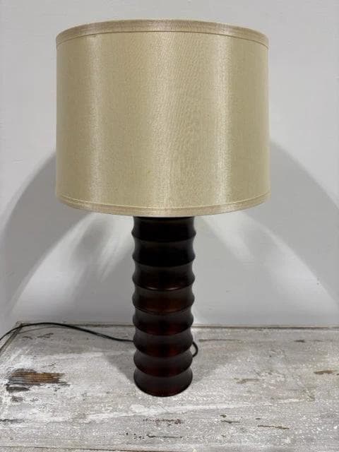 Brown Ribbed Lamp With Metallic Cream Shade - Image 1