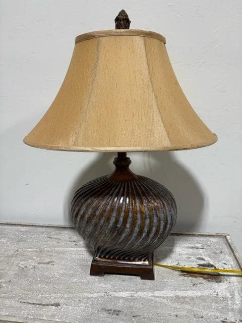 Bronze & Grey Swirl Table Lamp with Satin Shade - Image 1