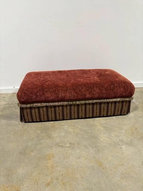 Custom Upholstered Ottoman with Striped Skirt - Image 1