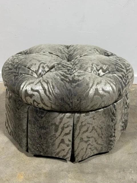Custom Round Gray Animal Print Ottoman on Wheels - Image 1
