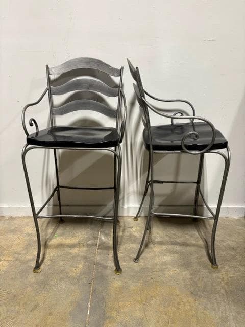 Set of 2 Ethan Allen Rubbed Pewter Metal Bar Stools with Wooden Seat - Image 1