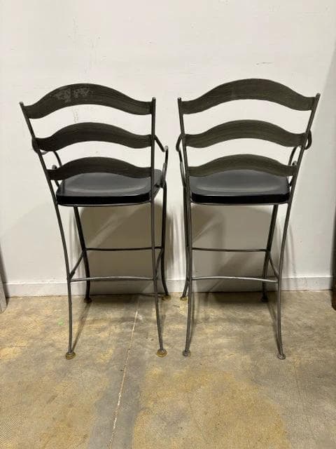 Set of 2 Ethan Allen Rubbed Pewter Metal Bar Stools with Wooden Seat - Thumbnail 2