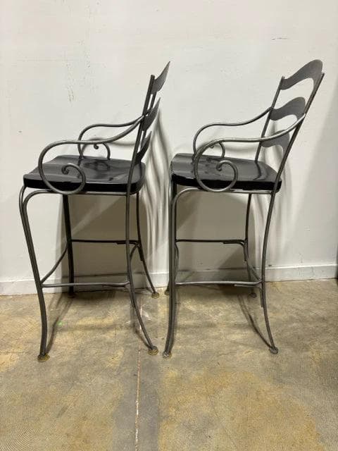 Set of 2 Ethan Allen Rubbed Pewter Metal Bar Stools with Wooden Seat - Thumbnail 3