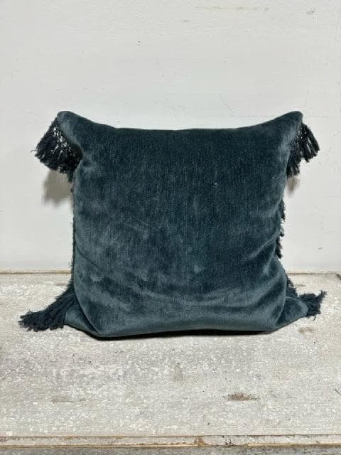 Dark Teal Down Filled Pillow with Fringe - Image 1