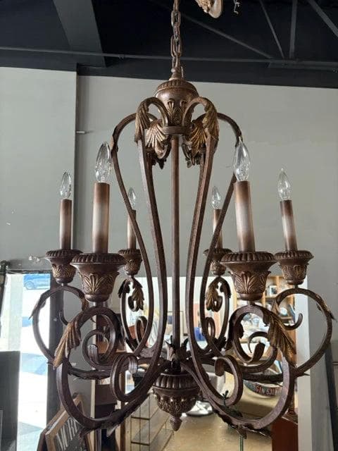 Six Light Bronze And Gold Chandelier - Image 1