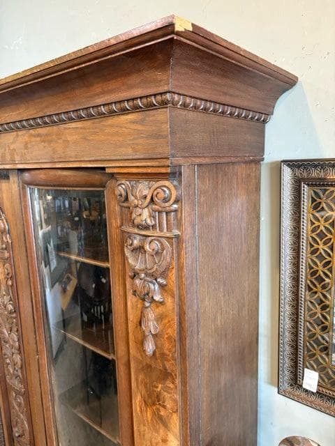 Antique Dark Wood Carved Cabinet With Three Doors And Glass Front - Thumbnail 2