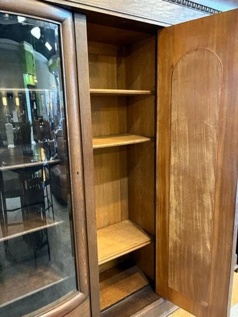 Antique Dark Wood Carved Cabinet With Three Doors And Glass Front - Thumbnail 4