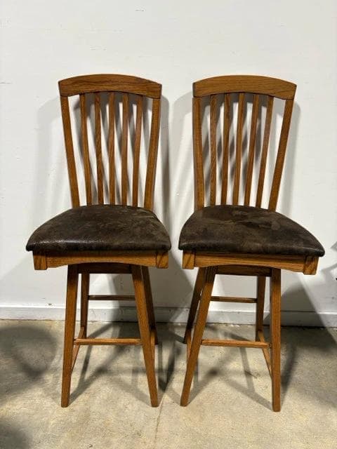 Set of 2 Country Home Furniture Pecan Bar Stools with Brown Suede Seats - Image 1