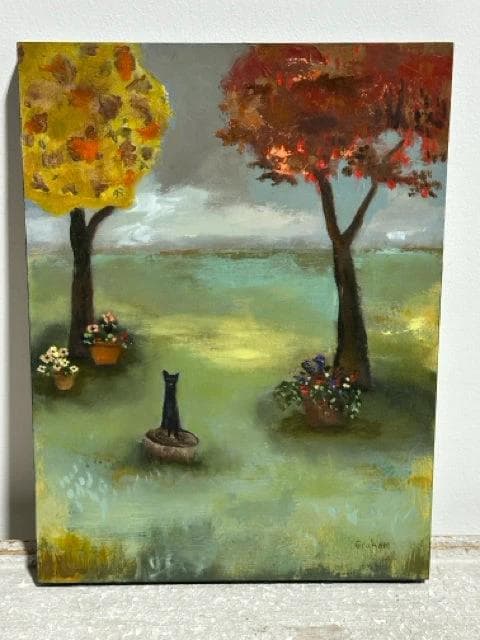 Cat on Tree Stump Original Art on Wooden Panel By Lisa Graham - Image 1