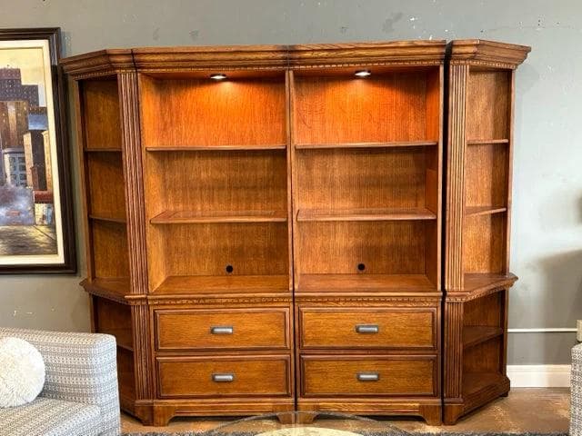 Ashley Lighted Oak 4 Piece Shelf Unit with 4 Drawers - Image 1