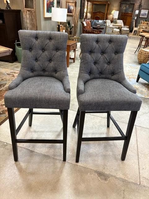 Set of 2 Grey Upholstered & Wood Bar Stools - Image 1
