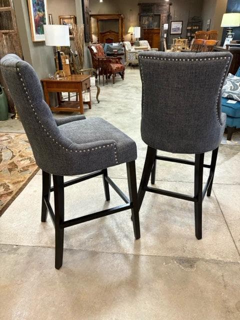 Set of 2 Grey Upholstered & Wood Bar Stools - Thumbnail 2
