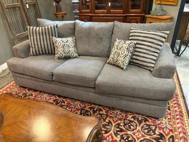 Grey Plush Sofa with 4 Pillows - Image 1