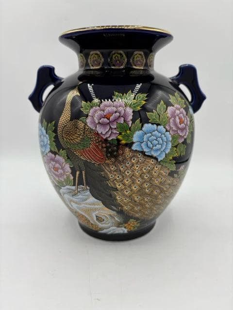 Japanese Cobalt Cloisonné Vase with Peacock - Image 1