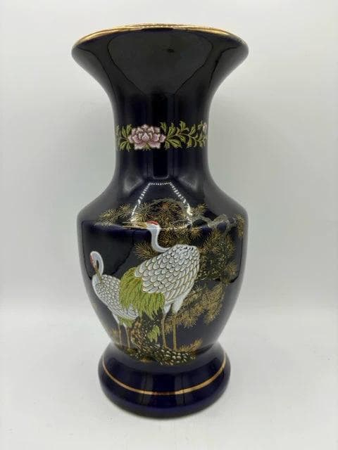 Japanese Cobalt Blue Cloisonné Vase with Cranes - Image 1