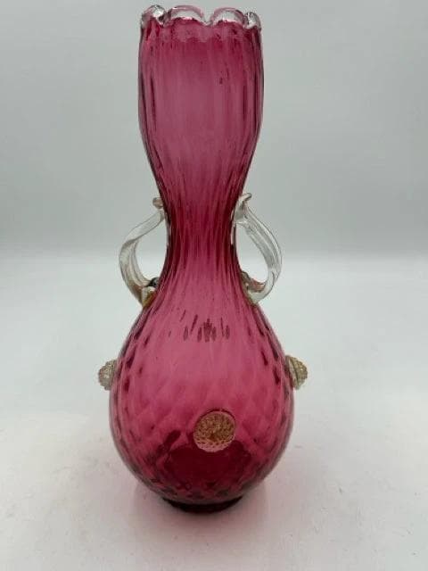 Hand-Blown Cranberry Art Glass Vase with Applied Handles & Gold Inclusions - Image 1