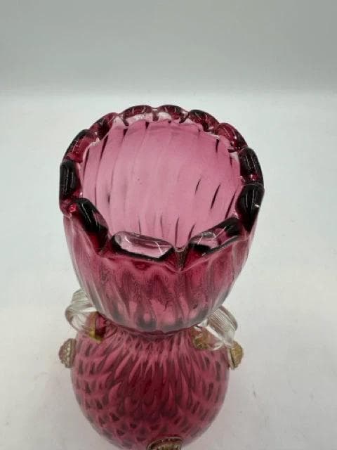 Hand-Blown Cranberry Art Glass Vase with Applied Handles & Gold Inclusions - Thumbnail 2