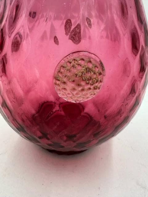 Hand-Blown Cranberry Art Glass Vase with Applied Handles & Gold Inclusions - Thumbnail 3