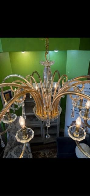 Brass And Glass Curved Arm Chandelier AS IS - Image 1