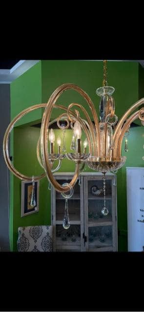 Brass And Glass Curved Arm Chandelier AS IS - Thumbnail 2
