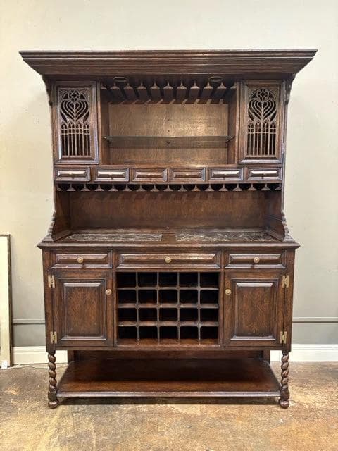 Dark Wood Carved Bar Hutch Cabinet with Wine & Stemware Storage - 9 Drawers And 4 Doors - Image 1