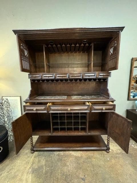 Dark Wood Carved Bar Hutch Cabinet with Wine & Stemware Storage - 9 Drawers And 4 Doors - Thumbnail 2